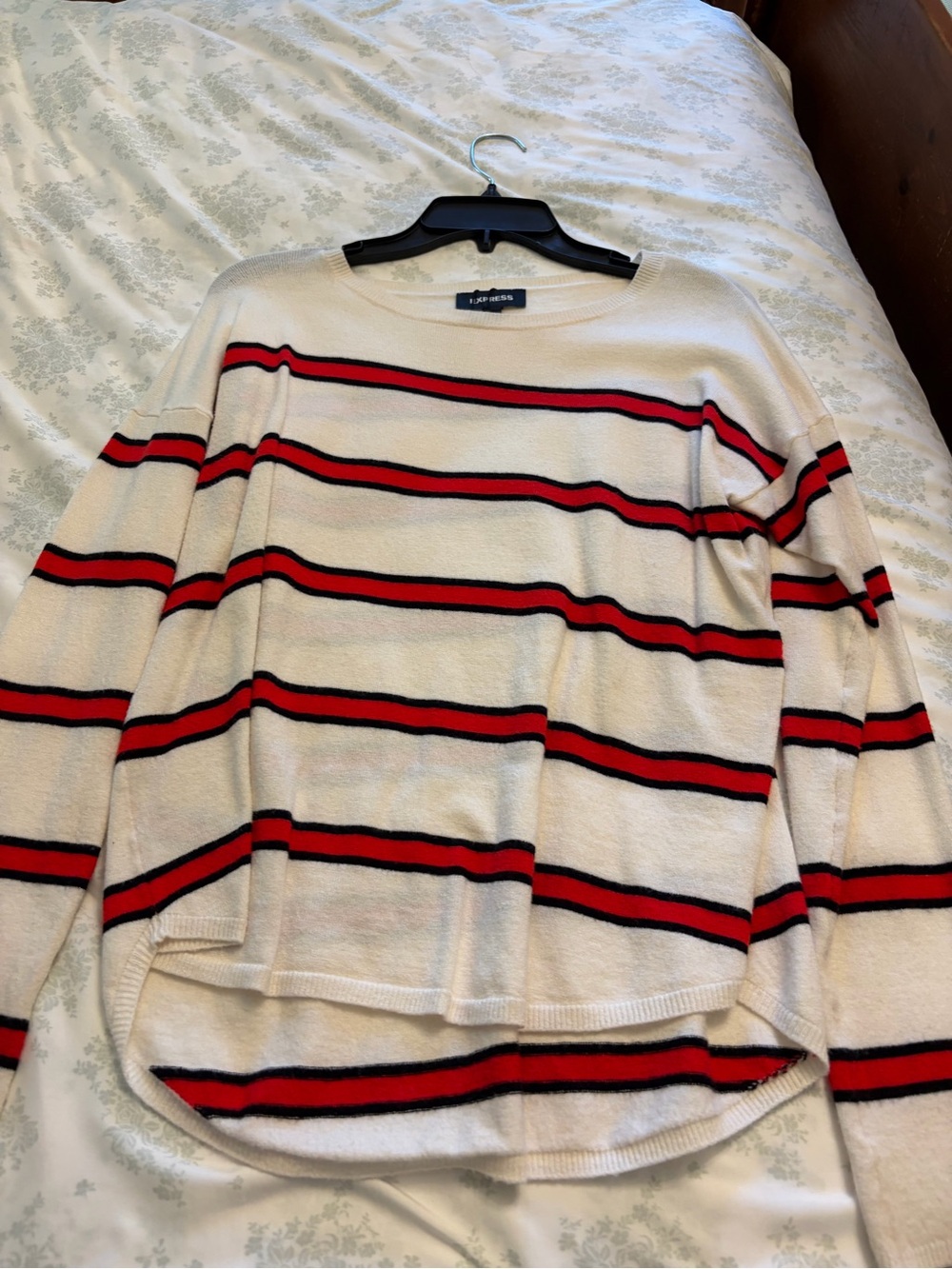 Express Cream Crewneck Sweater with Red & Black Stripes